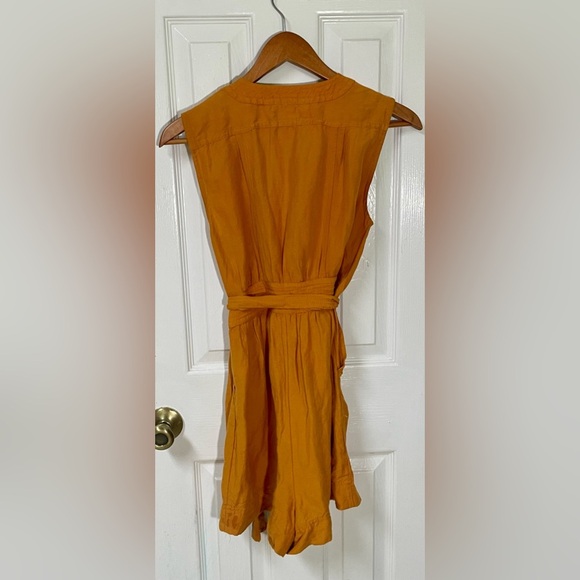 Anthropologie Maeve Luana Romper Size 2 Yellow Orange Tie Belt Boho Linen Blend - Picture 5 of 13